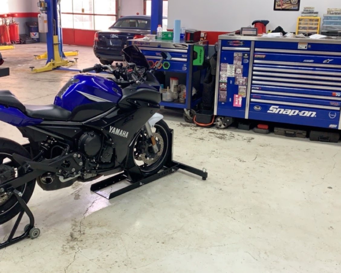 Motorcycle on a stand in the shop